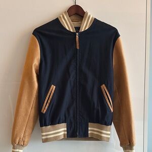OAK + FORT Navy and Tan Bomber/Varsity Jacket